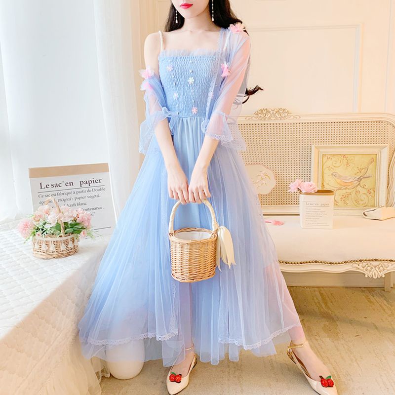 Set Đầm Hoa Hai Dây + Áo Khoác cardigan Chống Nắng Thời Trang Mùa Hè Cho Nữ