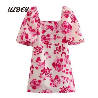 Đầm hoa Uibey 8483 cổ vuông tay phồng