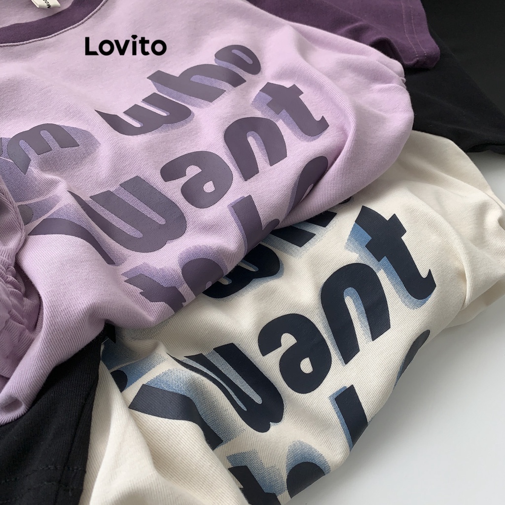Áo thun Lovito baby tee tương phản phối dây rút họa tiết chữ thường ngày cho nữ LNE18025