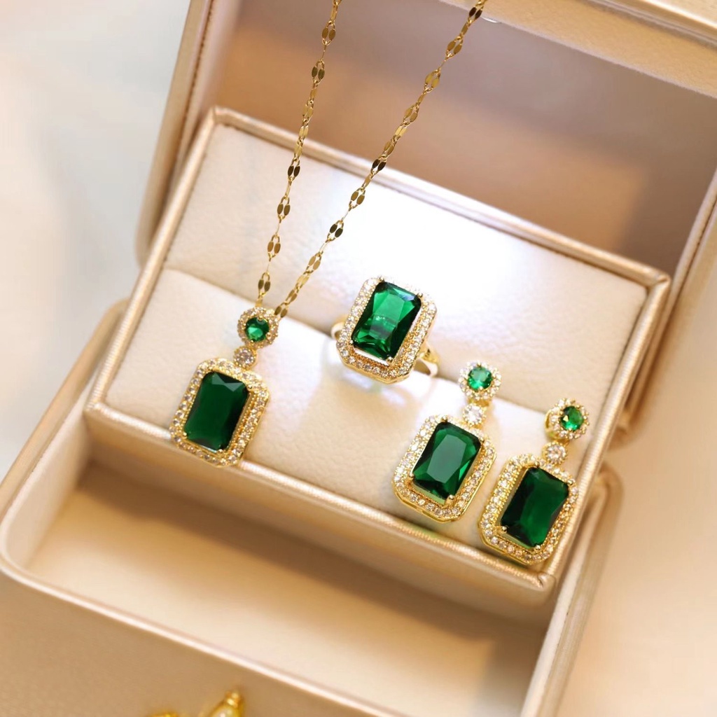 Tik tok same style * high-end emerald crystal vòng cổ nữ micro-dát zircon emerald vòng cổ phong cách xương đòn chuỗi sang trọng