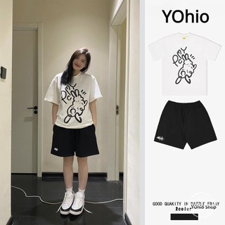 Plus size dành cho nữ bộ mùa hè mỹ phim hoạt hình cổ điển lỏng lẻo áo t-shirt tay ngắn và quần short đen giản dị