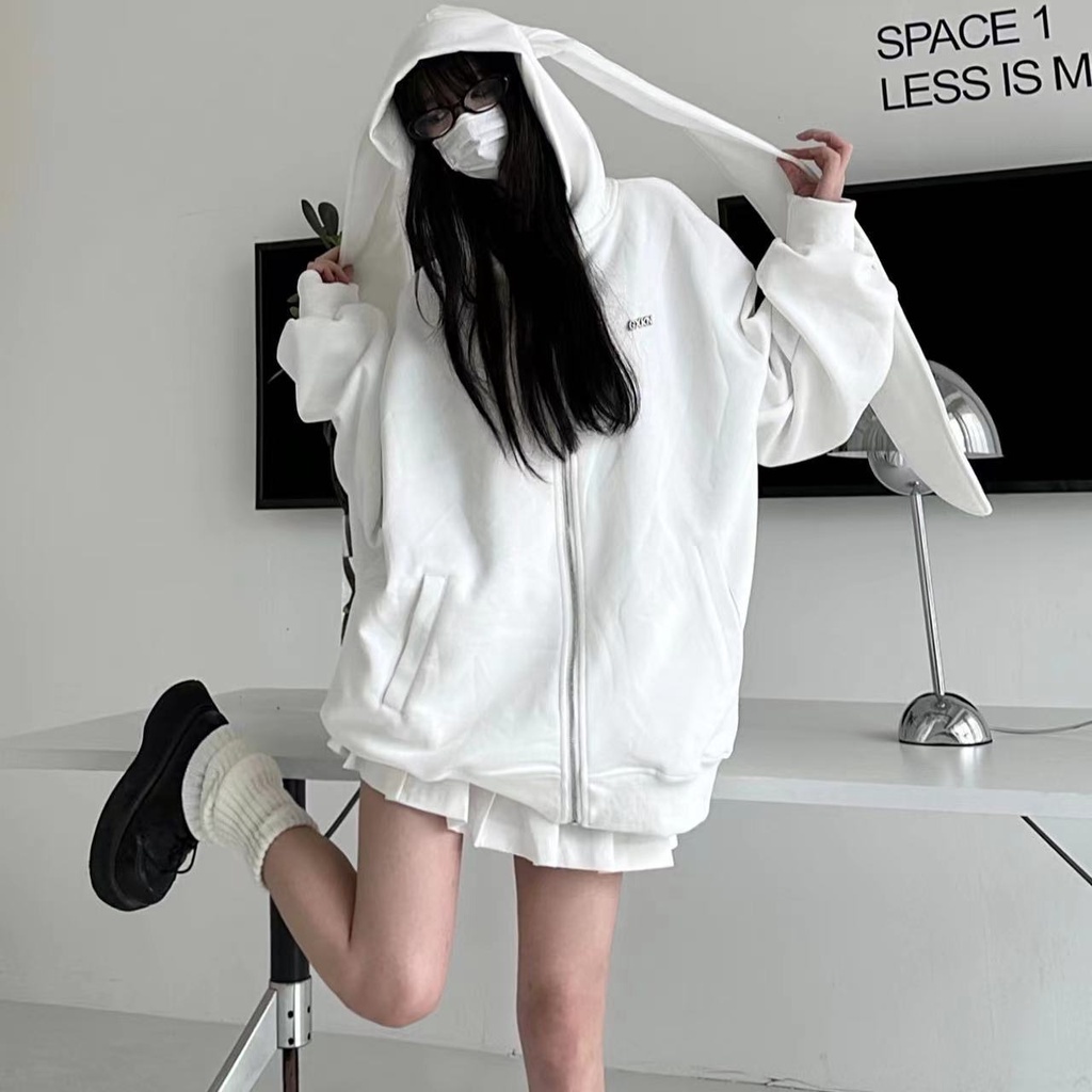 Tai thỏ dễ thương trùm đầu giản dị áo hoodie dài tay áo khoác cặp đôi top