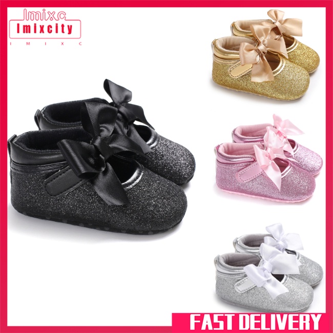 Imixcity baby girl princess shoes cute bow solid color fashion soft sole anti-slip toddler shoes for 6-18m