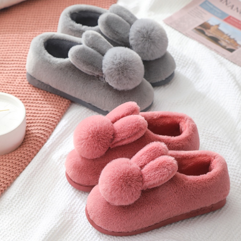 Bag heel cotton slippers nữ winter three-dimensional rabbit fur male couple anti-slip thick-so