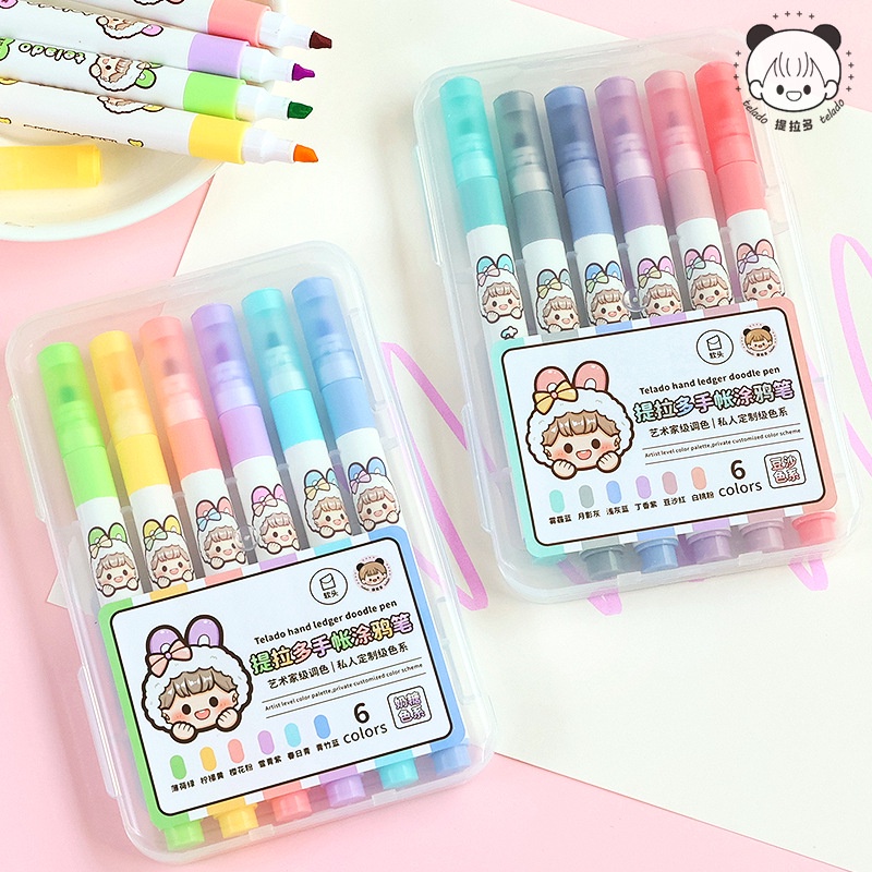Telado 6 bộ / hộp soft-tipped coloured marker highlight mark quick-drying highlighter hand ledger doodle pen