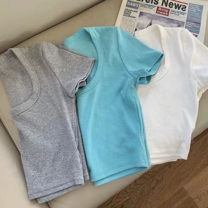 NRVP Áo Thun Nữ Ngắn Tay Màu Trơn Lưng Đẹp Thoải Mái Phong Cách Hàn Quốc