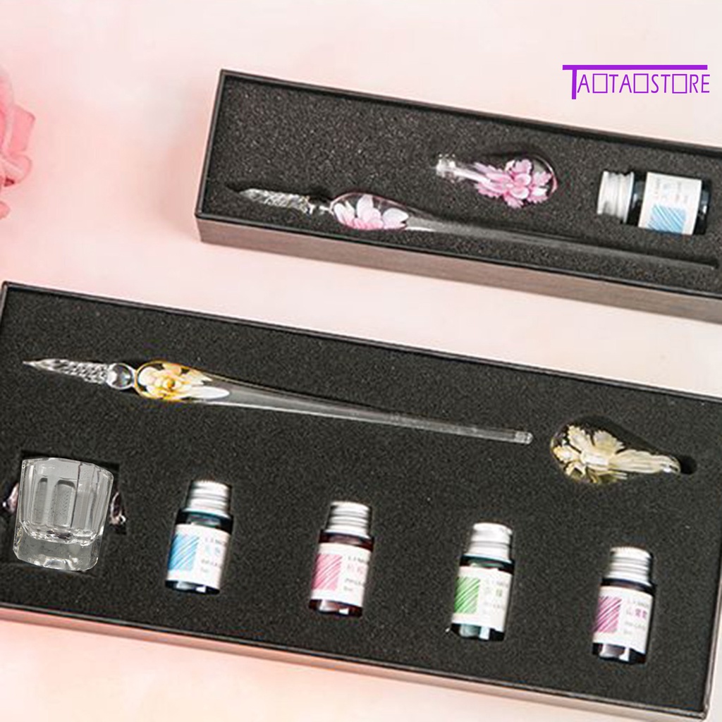 1 Bộ Bút Máy Dạng Hoa Pha Lê Mịn Màng Cầm Tay Kèm Mực In