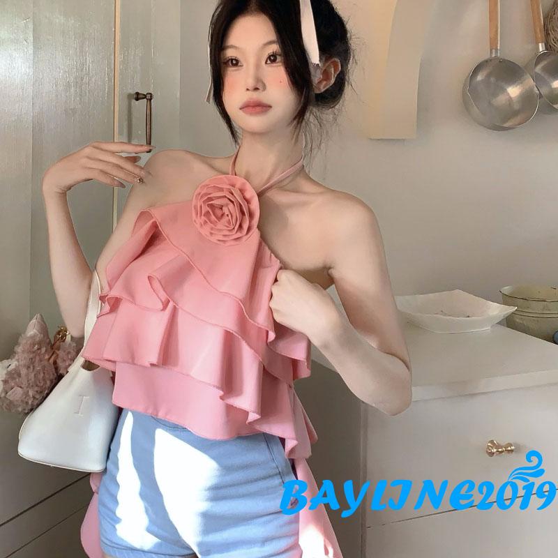 Áo Croptop Hai Dây Hở Lưng 3D Màu Hoa Hồng Dành Cho Nữ