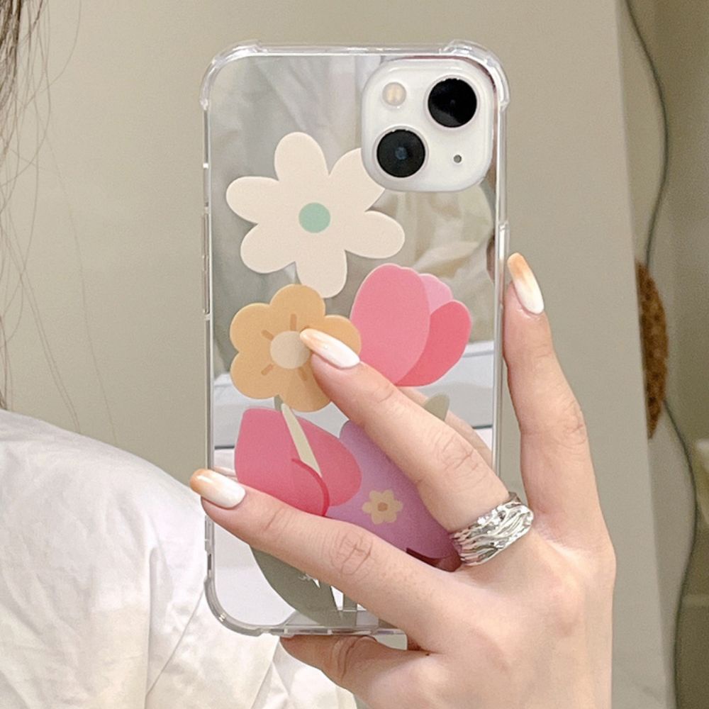 Ốp Điện Thoại TPU Mềm Họa Tiết Hoa Tích Hợp Gương Trang Điểm Cho IPhone 14 13 12 11 Pro Max XS XR 8 7 Plus