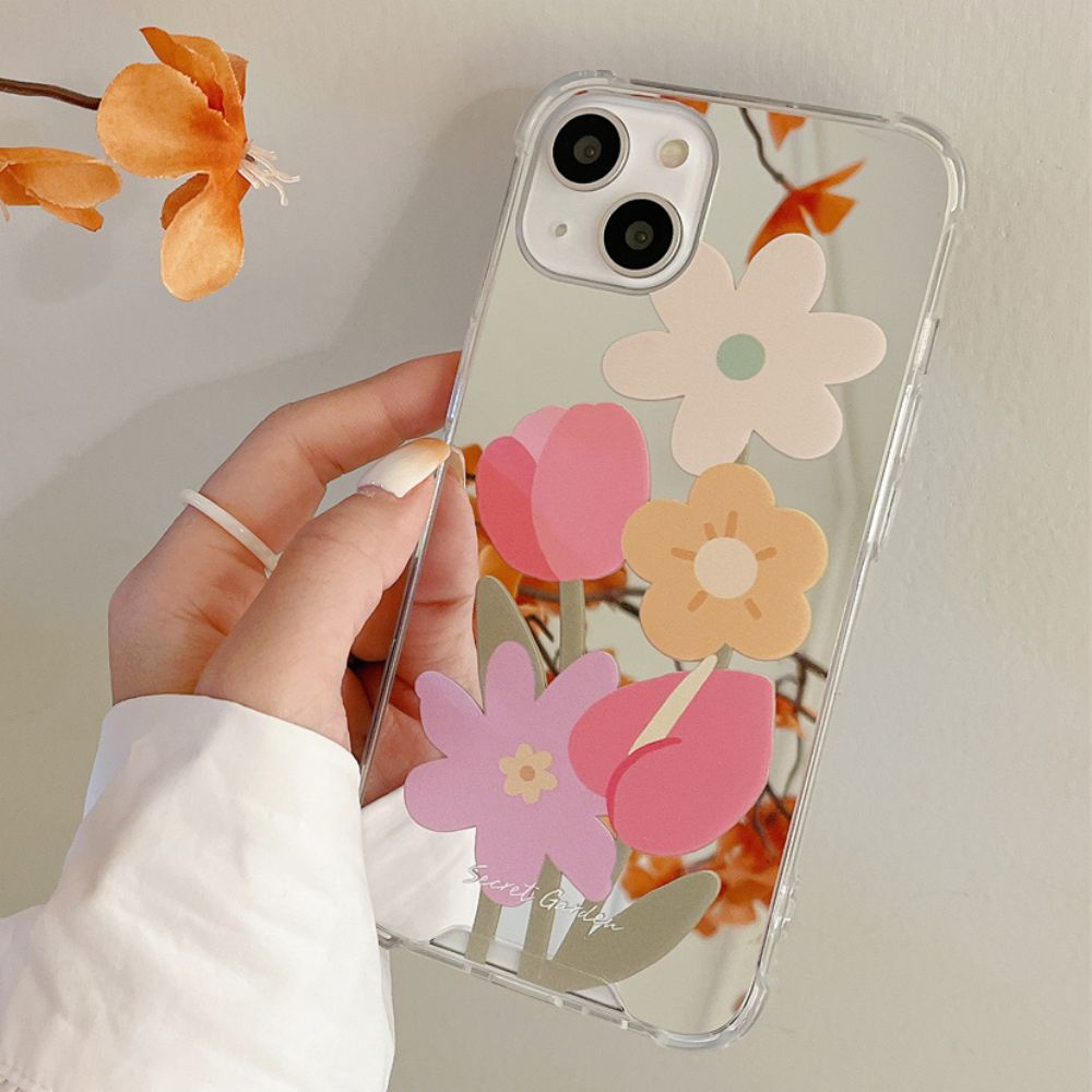 Ốp Điện Thoại TPU Mềm Họa Tiết Hoa Tích Hợp Gương Trang Điểm Cho IPhone 14 13 12 11 Pro Max XS XR 8 7 Plus