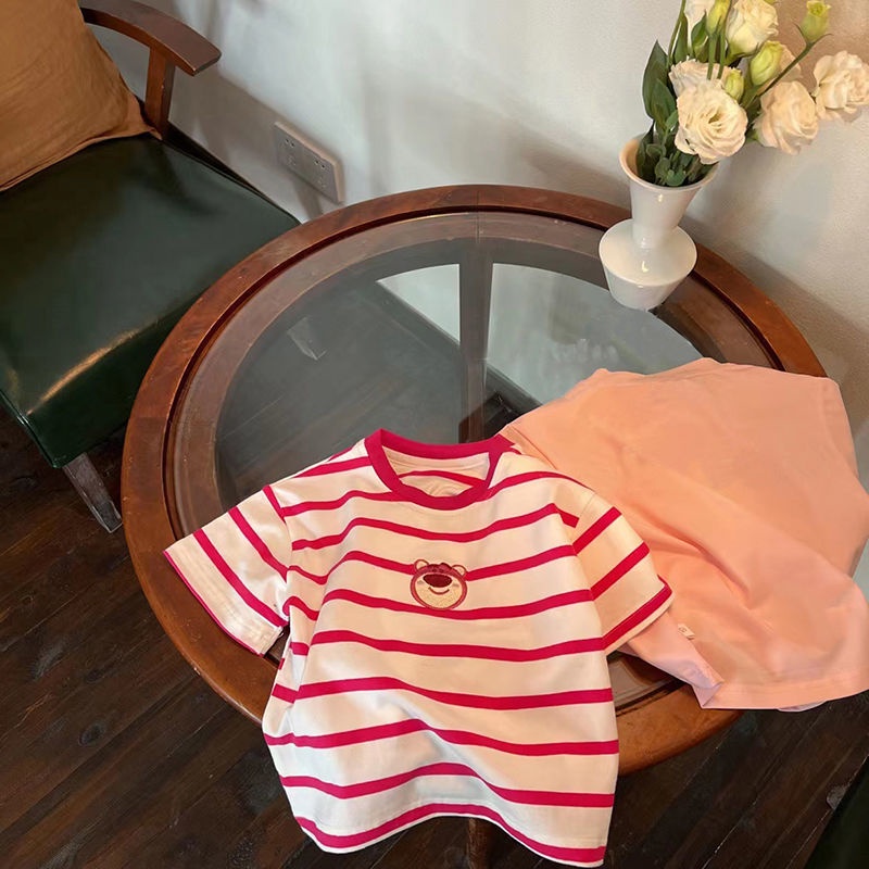 Áo Thun Tay Ngắn Thêu Hình Gấu 90-140CM Thời Trang Mùa Hè Cho Bé Gái