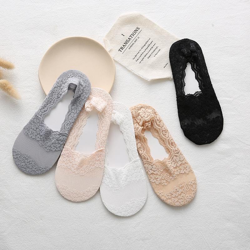 Vớ cổ thuyền phối ren Đáy Cotton họa tiết chống trơn trượt cho giày lười nam nữ