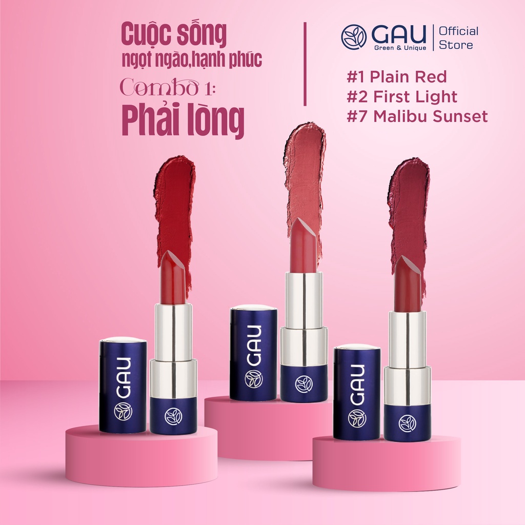Combo 3 Son Lì Tự Nhiên Crush On Chính hãng GAU Màu Plain Red, First Light, Malibu Sunset Dạng Thỏi Không Chì, Lâu Trôi