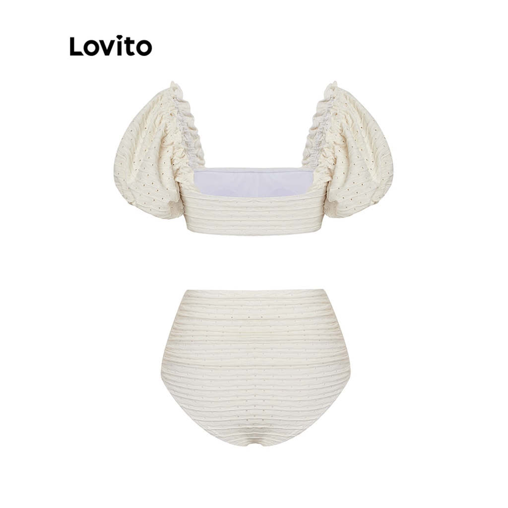 Bộ bikini Lovito tay phồng trễ vai đệm ngực có thể tháo rời viền nhún màu trơn dễ thương cho nữ L48AD004 (màu trắng ngà)