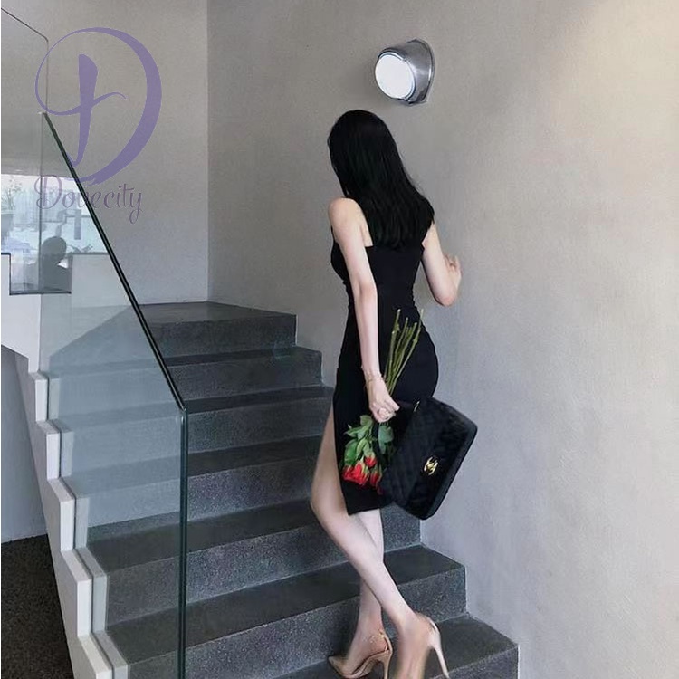 Đầm Hai Dây Ôm Dáng Xẻ Tà Chéo Màu Đen Thiết Kế Gợi Cảm Cao Cấp Cho Nữ