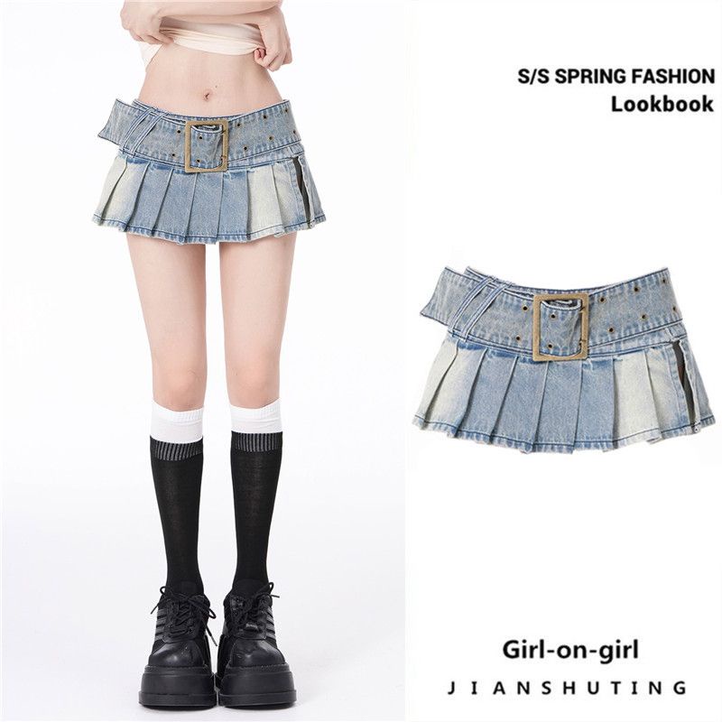 Chân Váy Denim Lưng Thấp Xếp Ly Màu Xanh Nhạt Phong Cách Mới Mùa Hè Cho Nữ