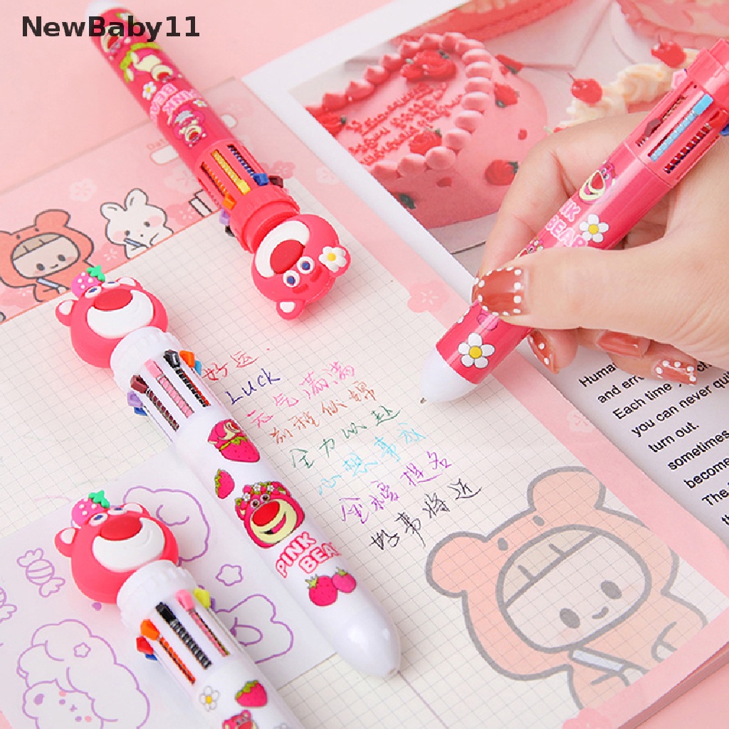 Bút Bi Dạng Nhấn 10 Màu Đa Năng Họa Tiết Gấu Dâu Tây Hoạt Hình Dễ Thương