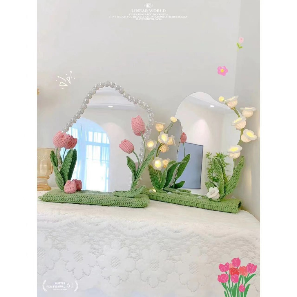 Hoa Tulip Đan Len Thủ Công Để Bàn Trang Trí Gương Trang Điểm Thung Lũng Nhỏ Để Bàn Làm Quà Tặng Bạn Gái AZ