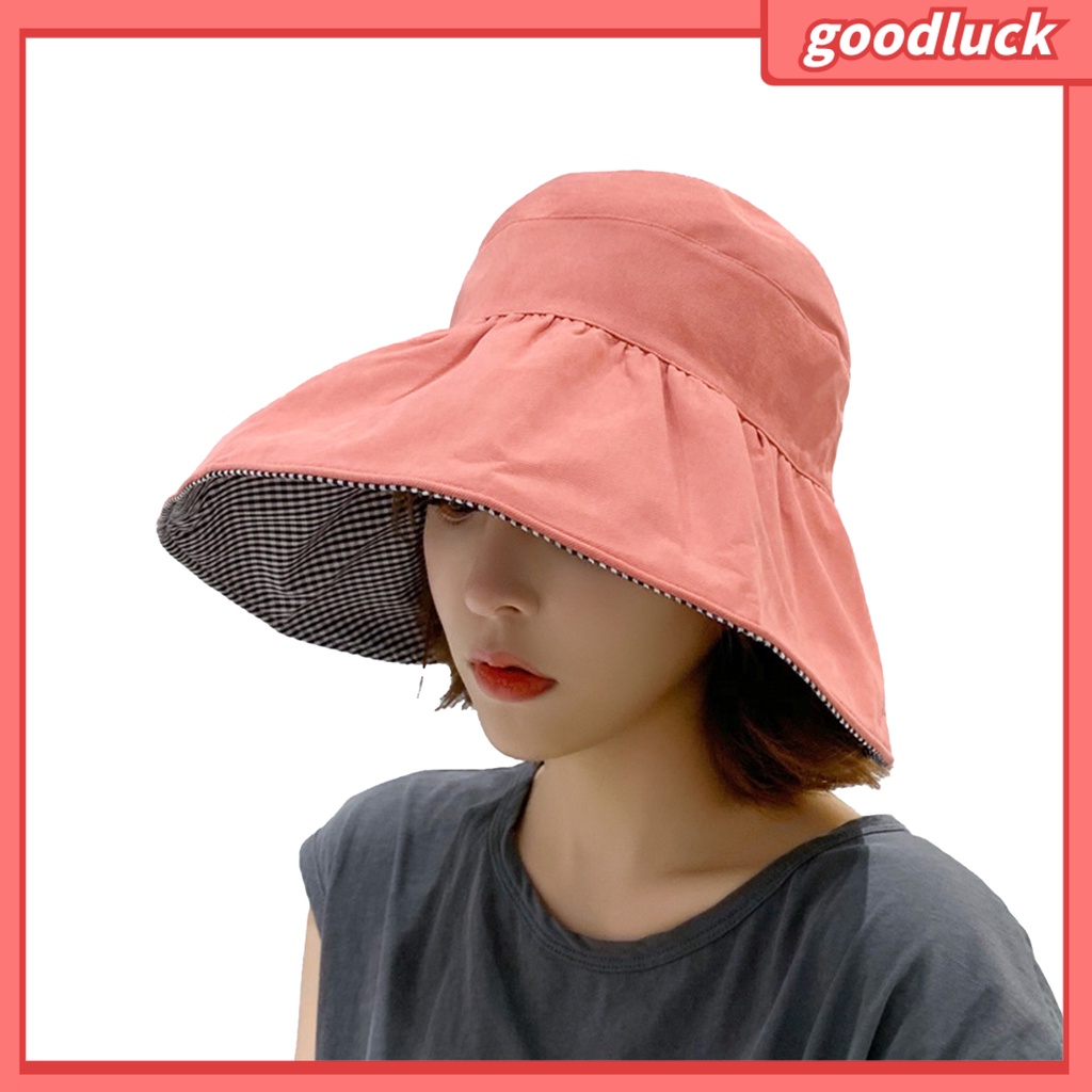 [GOO] Mũ Tai Bèo Che Nắng Hở Chóp Có Dây Đeo Hai Mặt Chống Gió Có Thể Điều Chỉnh Vành Rộng Kẻ Sọc Caro Bảo Vệ Mặt Có Lớp