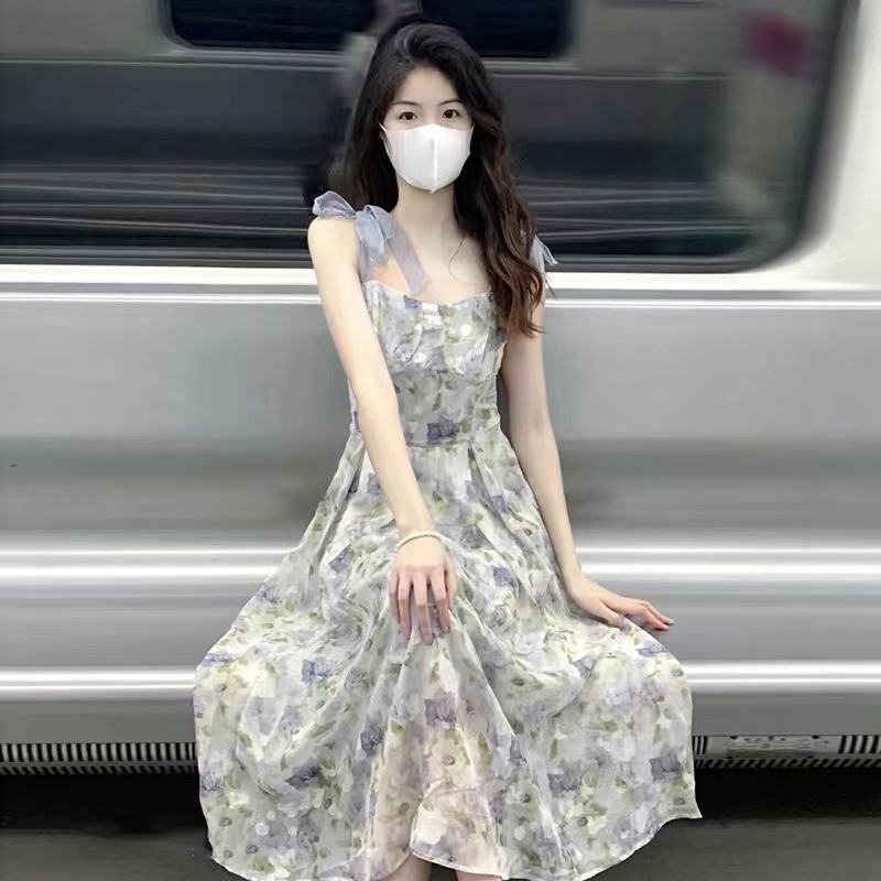 Đầm Hai Dây Dáng Dài Nhấn Eo Hẹp In Họa Tiết Tranh Sơn Dầu Phong Cách Mori Pháp