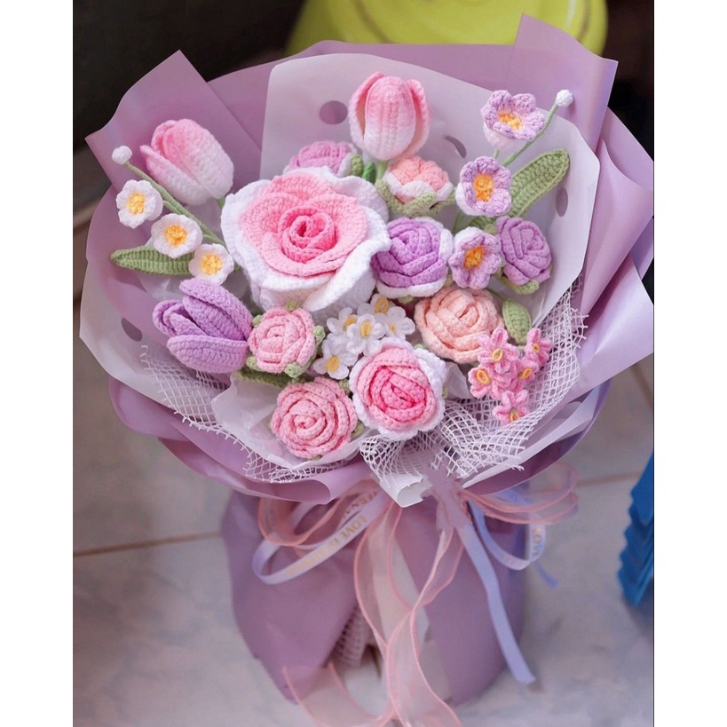 🎁Giao hàng nhanh chóng💝Bó Hoa Hồng Đan Len Thủ Công diy Xinh Xắn