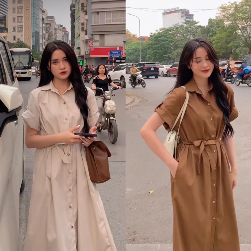 Váy Sơmi Kaki Dáng Dài Form Rộng Kèm Đai 4 Màu Cá Tính, Đầm Kaki Hai Da Cổ Đức Tay Lật