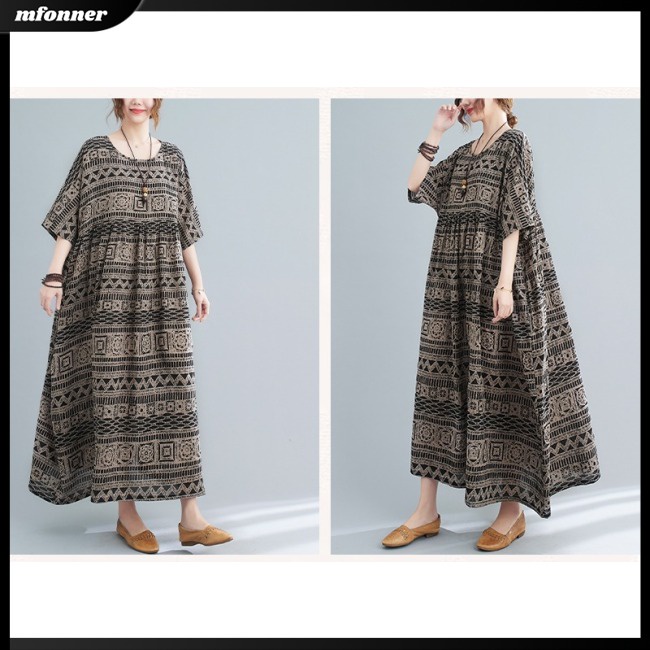 Đầm Midi Chữ A Tay Ngắn Dáng Rộng In Họa Tiết Phong Cách Bohemian Cổ Điển Thời Trang Mùa Hè Cho Nữ