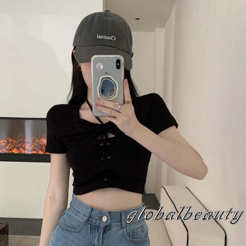 Áo Thun Crop Top Ngắn Tay Thắt Nơ Trước Màu Trơn Thời Trang Mùa Hè Dành Cho Nữ