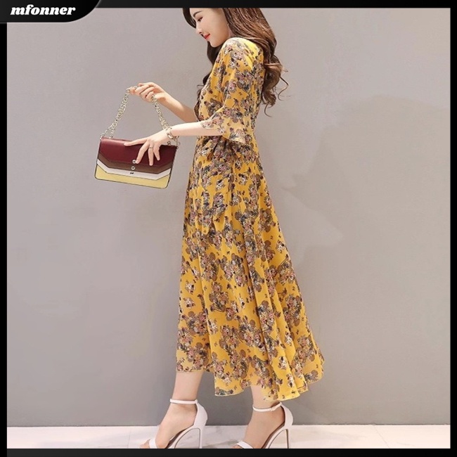 Đầm Dài Tay Loe In Họa Tiết Hoa Trang Nhã Dành Cho Nữ