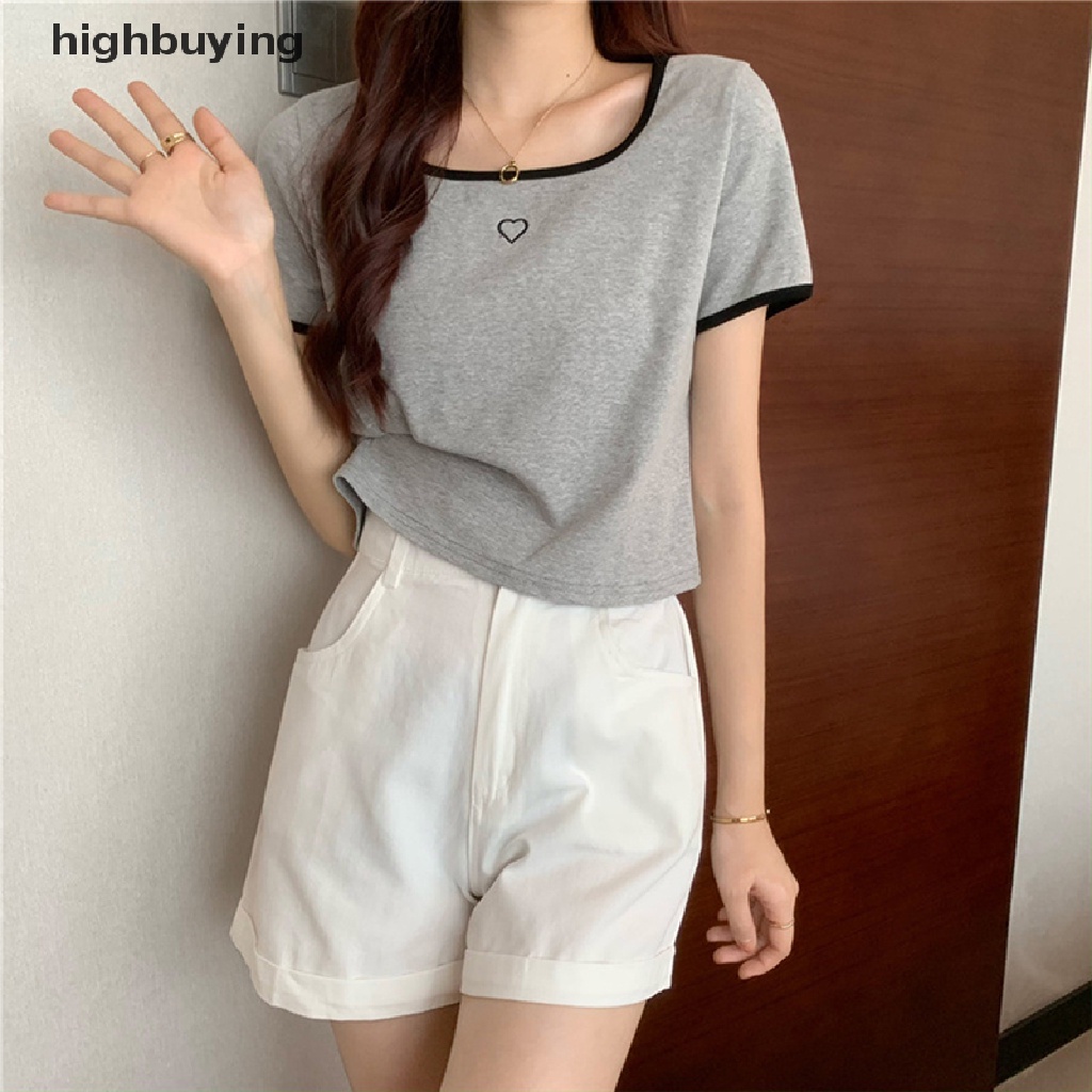 Áo Thun Croptop Ngắn Tay Cổ Vuông Thêu Họa Tiết Trái Tim Màu Sắc Tương Phản Thời Trang Mùa Hè Cho Nữ