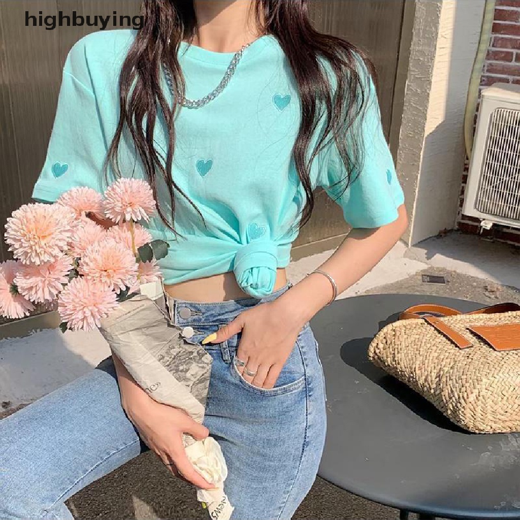 Áo Thun Tay Ngắn Cổ Tròn Thêu Hình Trái Tim Thời Trang Mùa Hè Cho Nữ