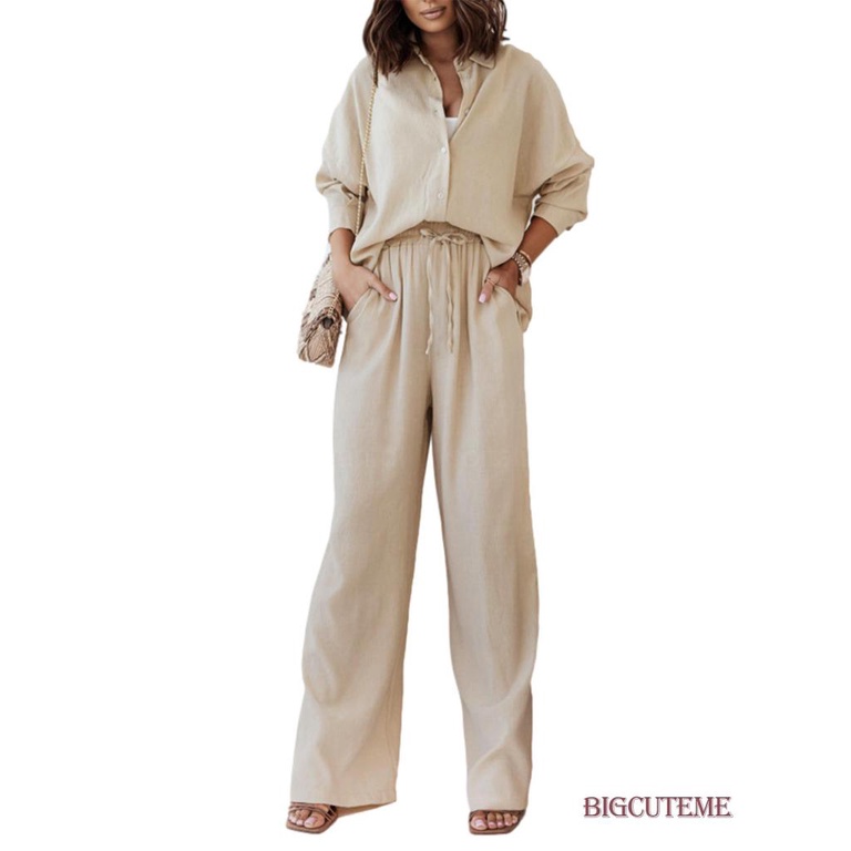 Set Đồ Mùa Xuân 2 Món Gồm Áo Sơ Mi Cổ Bẻ Tay Dài Cổ Bẻ Màu Trơn + Quần ống rộng Cho Nữ