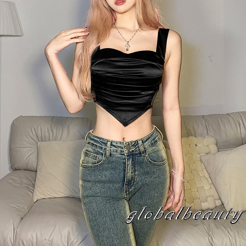 Gb-áo Croptop Không Tay Thắt Nơ Sau Lưng Bằng Satin Viền Hanky Dành Cho Bạn Nữ