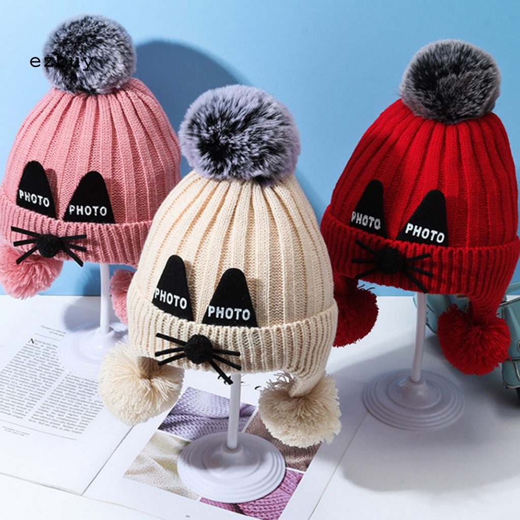 [EY] Mũ Dệt Kim Co Giãn Đính Quả Bông Trang Trí Bảo Vệ Tai Đáng Yêu Hợp Thời Trang Cho Bé Đi Ra Ngoài