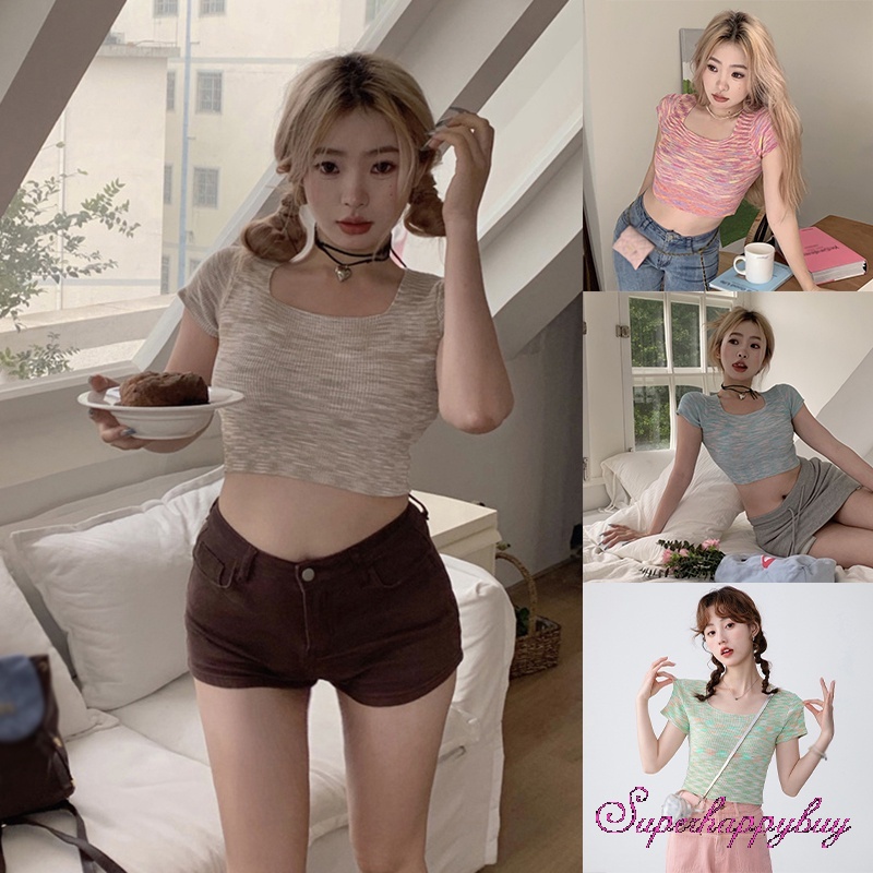 Áo Thun Tay Ngắn Cổ Vuông Dáng Ôm Thời Trang Mùa Hè Xinh Xắn Cho Nữ