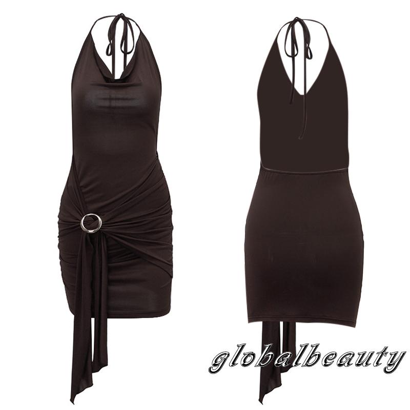 Đầm Ngắn Không Tay Hở Lưng Ôm Dáng Màu Nâu Gợi Cảm Cho Nữ