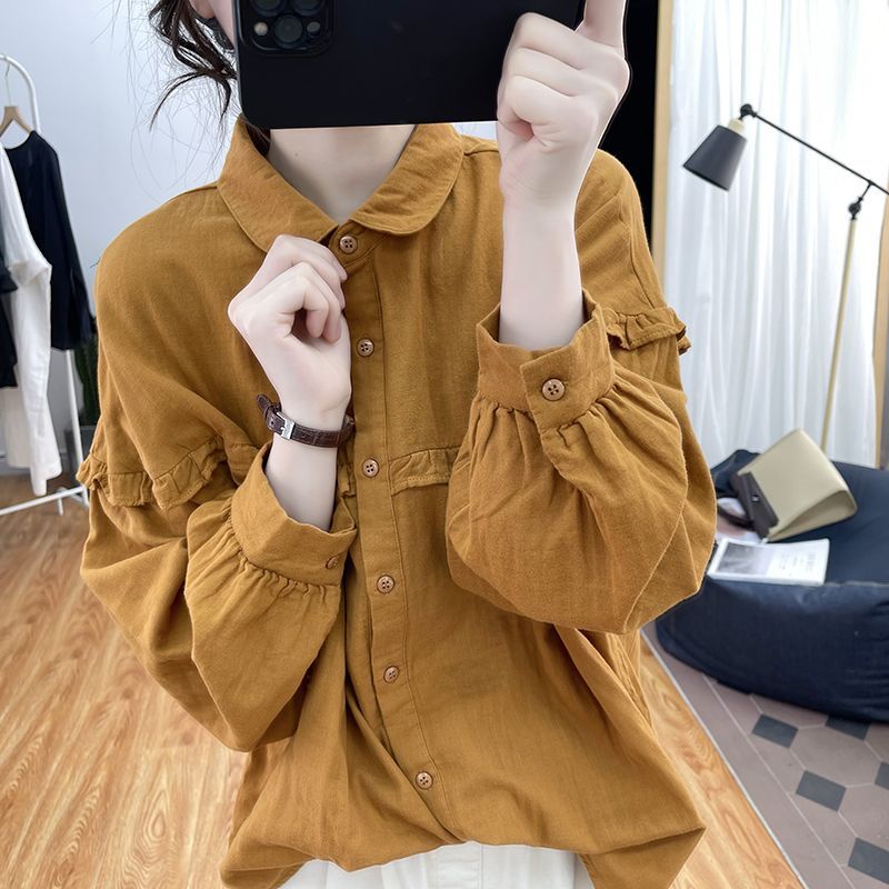 Áo Sơ Mi Cotton Lanh Tay Phồng Dài Cổ Bèo Thời Trang Xuân Thu Dành Cho Nữ