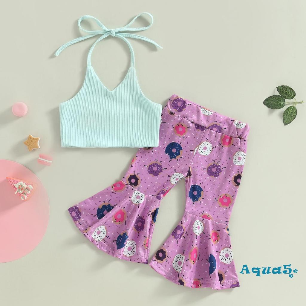 Set Áo Cổ Yếm Không Tay Có Gân + Quần Ống Loe Họa Tiết Bánh Donut Cho Bé Gái