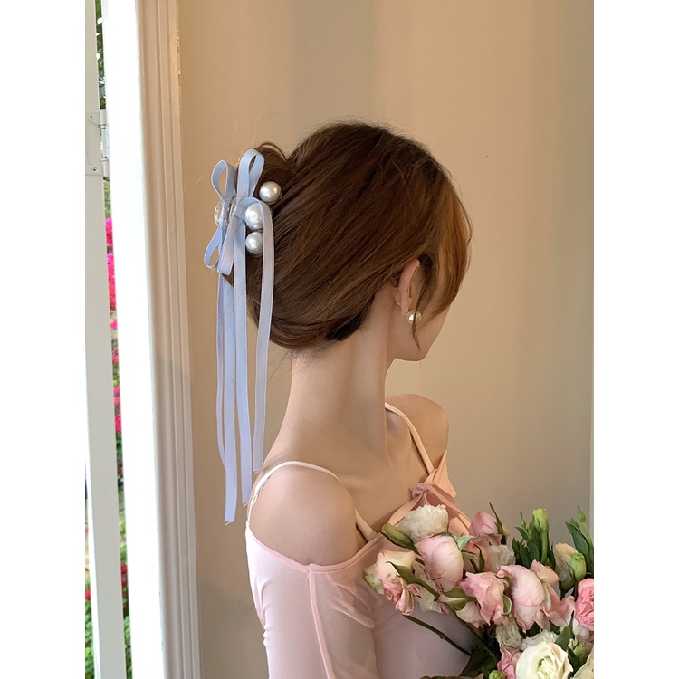 Kẹp Tóc Ruy Băng Đính Ngọc Trai Nhân Tạo Kiểu Dáng Thời Trang