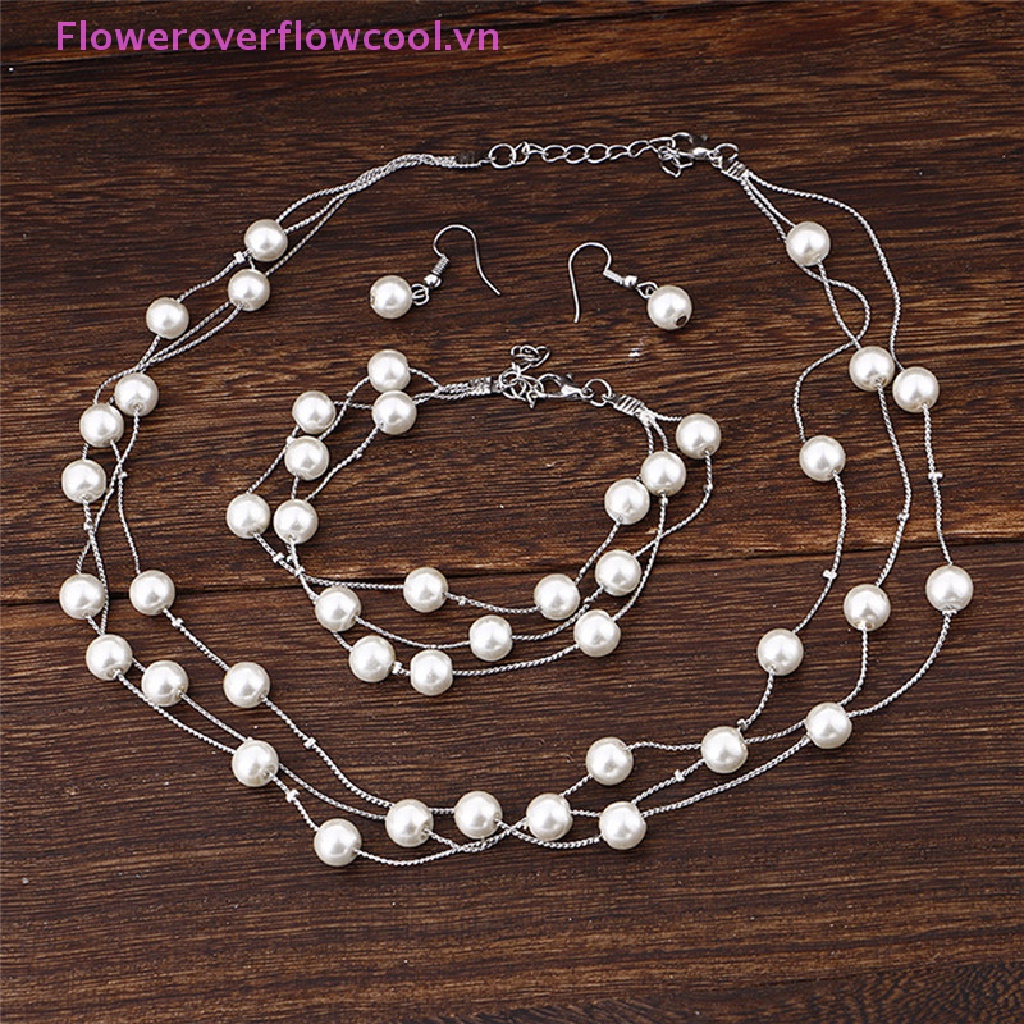 Bộ Trang Sức Gồm Vòng cổ / Vòng Tay / Bông Tai Nhiều Lớp Đính Ngọc Trai Thời Trang Cho Nữ