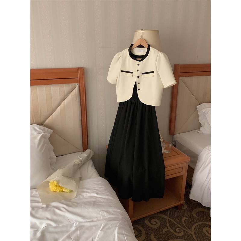 SUXI Bộ Áo Khoác Blazer Ngắn Tay + Đầm Ôm Không Tay Màu Sắc Đơn Giản Phong Cách Vintage Hàn Quốc