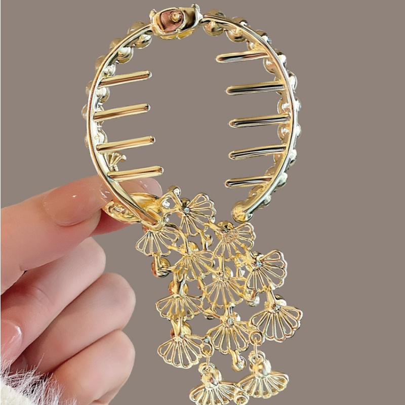 Kẹp Tóc Kim Loại Cố Định Đầu Quạt / Quả Cầu Lông Công Đính Đá Phối Tua Rua Thời Trang Cao Cấp Cho Nữ