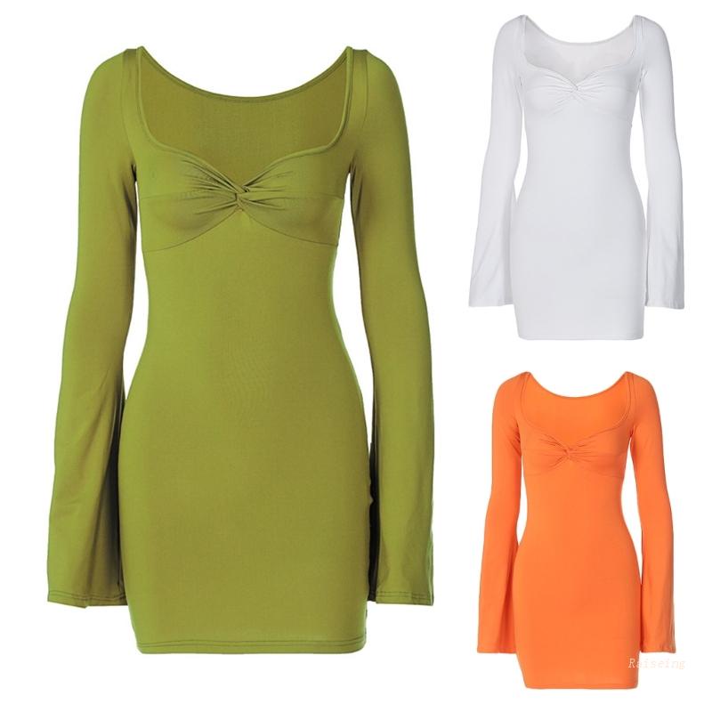 Đầm Mini Ôm Dáng Tay Dài Loe Cổ Xoắn Thắt Nút Trước Thời Trang Cho Nữ