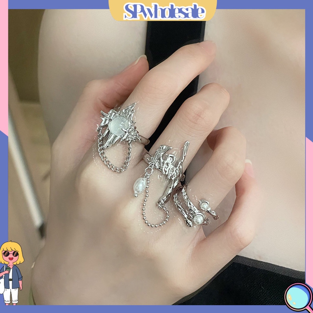 <SPwholesale> Nhẫn Kim Loại Xếp Ly Giả Ngọc Trai Phối Tua Rua Phong Cách Gothic Làm Quà Sinh Nhật Cho Nữ