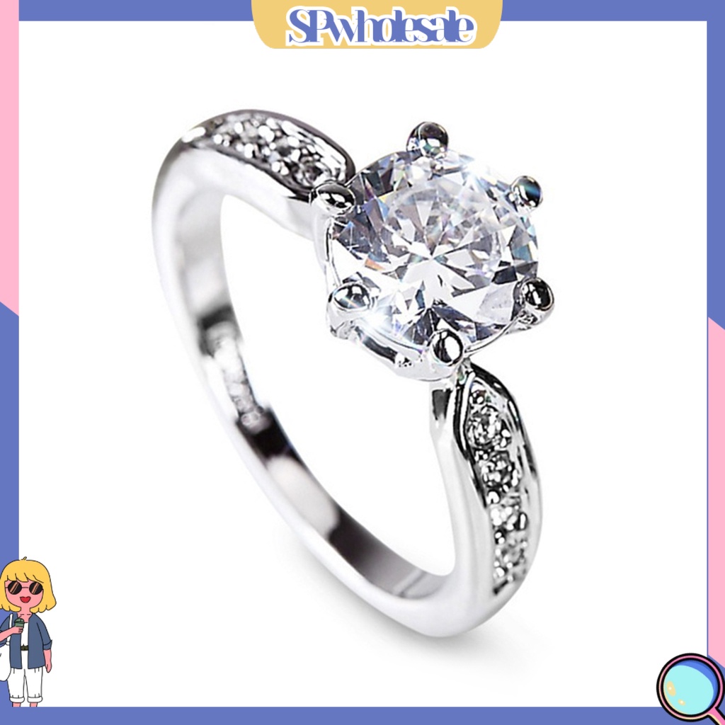 <SPwholesale> Nhẫn Mạ Bạc Đính Đá Kiểu Hình Học Sáng Bóng Không Phai Màu Trang Sức Cho Cô Dâu Đính Hôn Nữ
