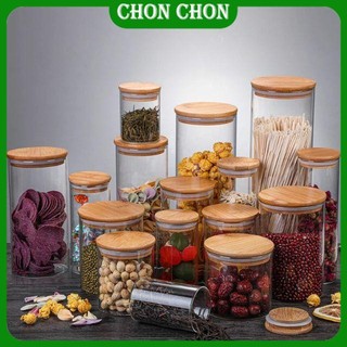Lọ thủy tinh nắp gỗ trong suốt, hũ thủy tinh đựng đồ khô đa năng cao cấp