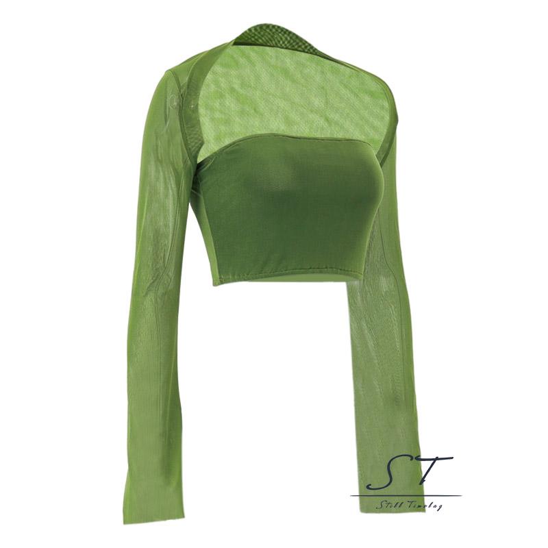 Áo Croptop Trễ Vai Không Tay Màu Trơn + Áo Lưới Dài Tay Thời Trang Đường Phố CY03