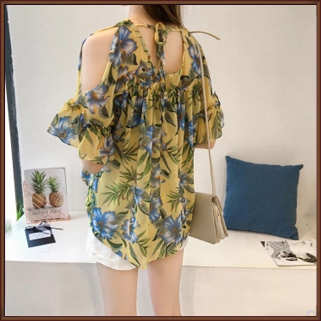 Áo Sơ Mi Chiffon Tay Loe Cổ Chữ V Dáng Rộng In Họa Tiết Thời Trang Cho Nữ