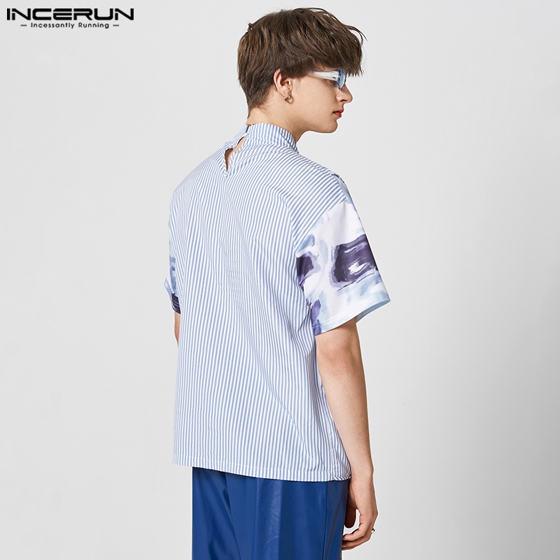 Áo kiểu INCERUN tay ngắn họa tiết kẻ sọc họa tiết phong cảnh thời trang cho nam