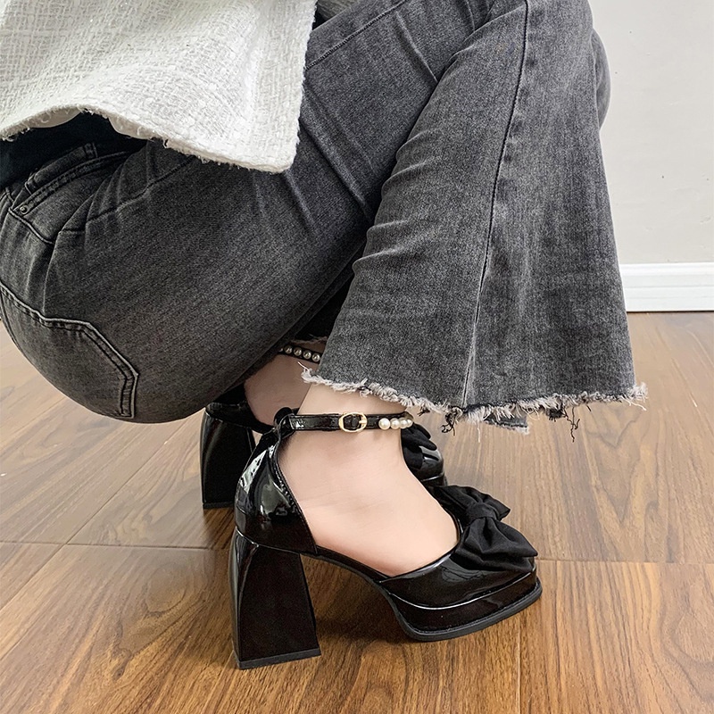 Giày búp bê dày cao gót nữ 9cm Đính nơ xinh xắn dành cho nữ mary jane giày cao gót đen giày lolita đế cao